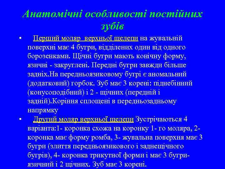 Анатомічні особливості постійних зубів • Перший моляр верхньої щелепи на жувальній поверхні має 4