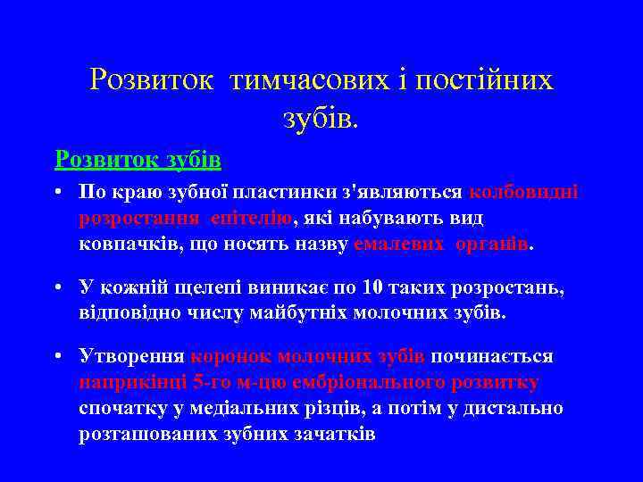 Розвиток тимчасових і постійних зубів. Розвиток зубів • По краю зубної пластинки з'являються колбовидні