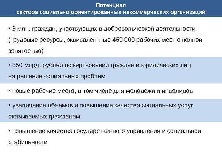 Потенциал сектора социально ориентированных некоммерческих организаций • 9 млн. граждан, участвующих в добровольческой деятельности