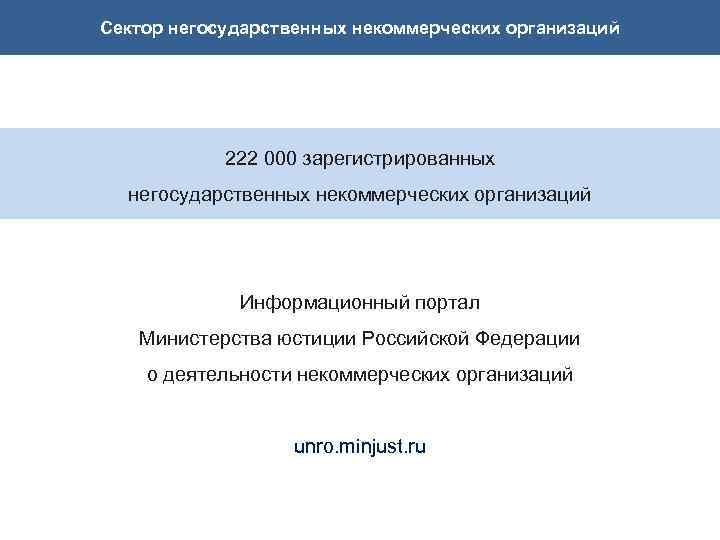 Сектор негосударственных некоммерческих организаций 222 000 зарегистрированных негосударственных некоммерческих организаций Информационный портал Министерства юстиции