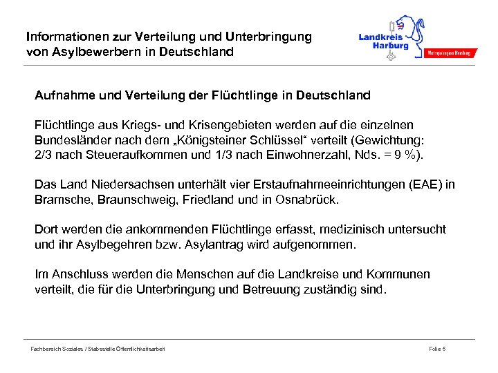 Informationen zur Verteilung und Unterbringung von Asylbewerbern in Deutschland Aufnahme und Verteilung der Flüchtlinge
