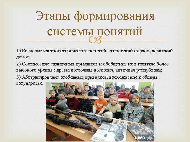 Этапы формирования системы понятий 1) Введение частноисторических понятий: египетский фараон, афинский демос; 2) Соотнесение