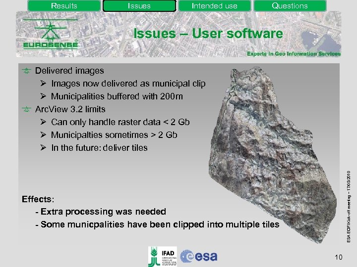 Results Issues Intended use Questions Issues – User software ESA EOFI Kick-off meeting –