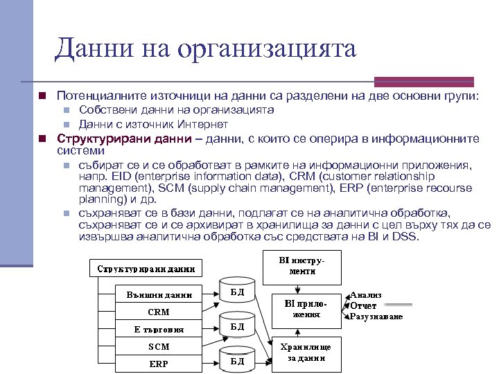 Данни на организацията n Потенциалните източници на данни са разделени на две основни групи:
