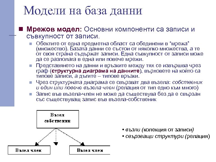 Модели на база данни n Мрежов модел: Основни компоненти са записи и съвкупност от