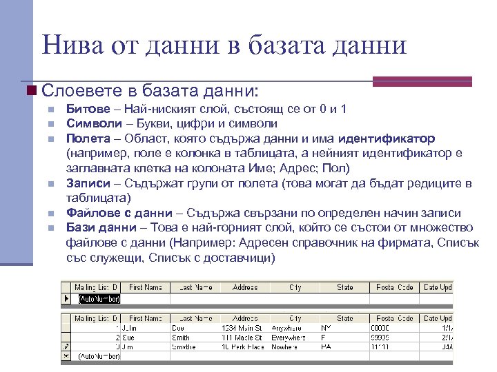  Нива от данни в базата данни n Слоевете в базата данни: n n