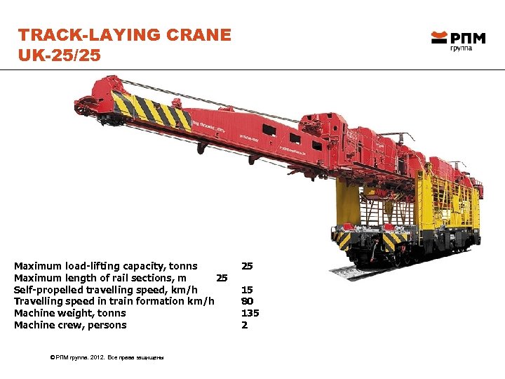 TRACK-LAYING CRANE UK-25/25 Maximum load-lifting capacity, tonns Maximum length of rail sections, m 25