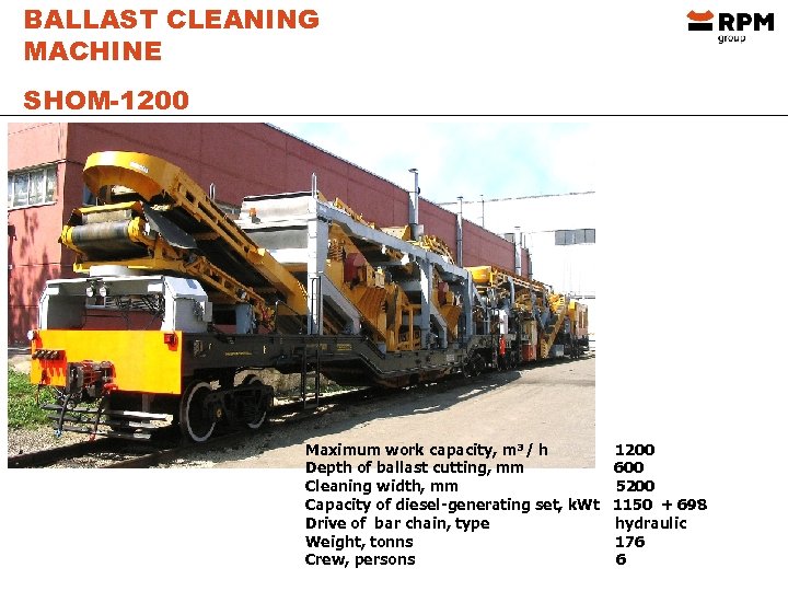 BALLAST CLEANING MACHINE SHOM-1200 Maximum work capacity, m³/ h 1200 Depth of ballast cutting,