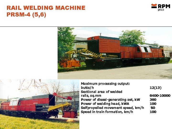 RAIL WELDING MACHINE PRSM-4 (5, 6) Maximum processing output: butts/h Sectional area of welded