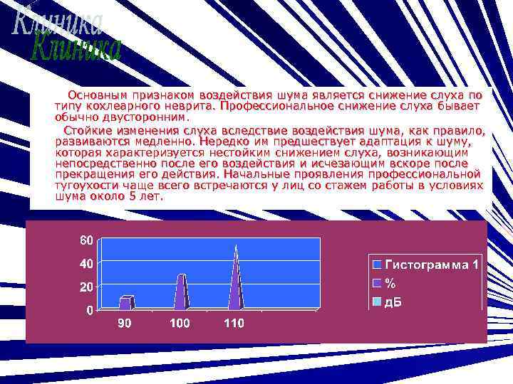 Основным признаком воздействия шума является снижение слуха по типу кохлеарного неврита. Профессиональное снижение слуха