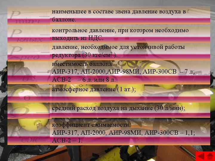 наименьшее в составе звена давление воздуха в баллоне. контрольное давление, при котором необходимо выходить