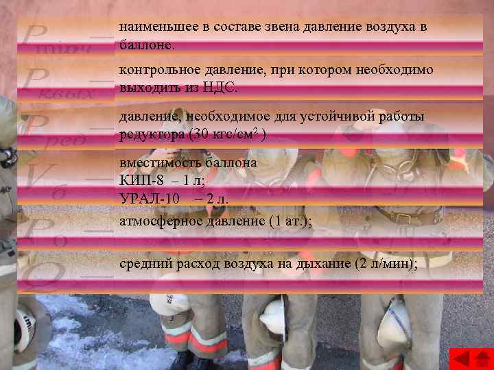 наименьшее в составе звена давление воздуха в баллоне. контрольное давление, при котором необходимо выходить