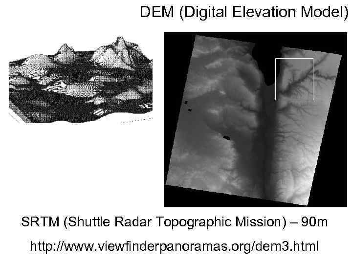 DEM (Digital Elevation Model) SRTM (Shuttle Radar Topographic Mission) – 90 m http: //www.