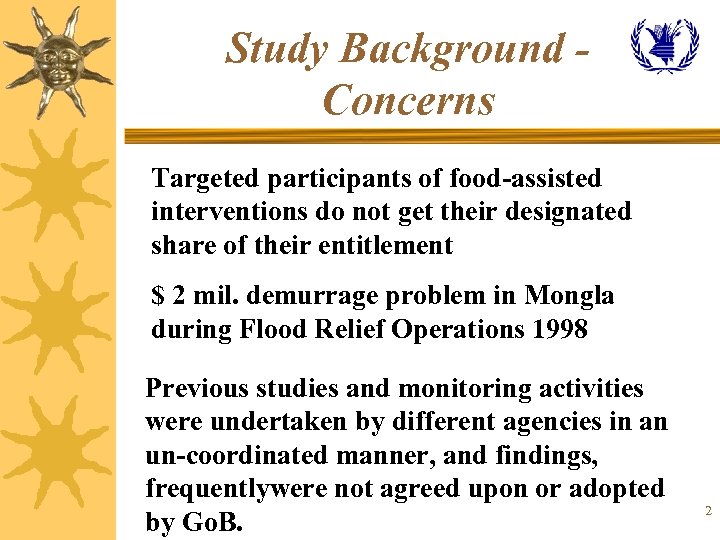 Study Background Concerns Targeted participants of food-assisted interventions do not get their designated share