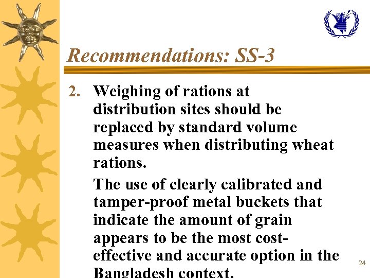 Recommendations: SS-3 2. Weighing of rations at distribution sites should be replaced by standard