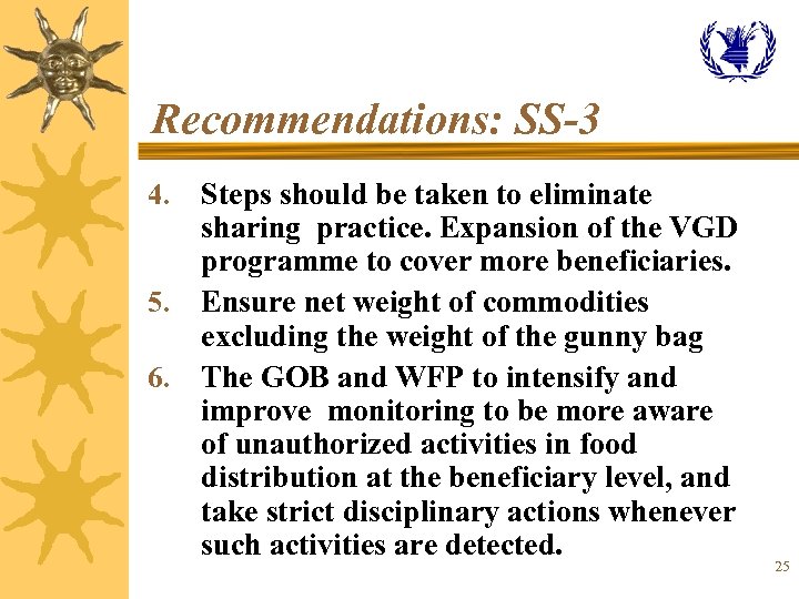 Recommendations: SS-3 Steps should be taken to eliminate sharing practice. Expansion of the VGD