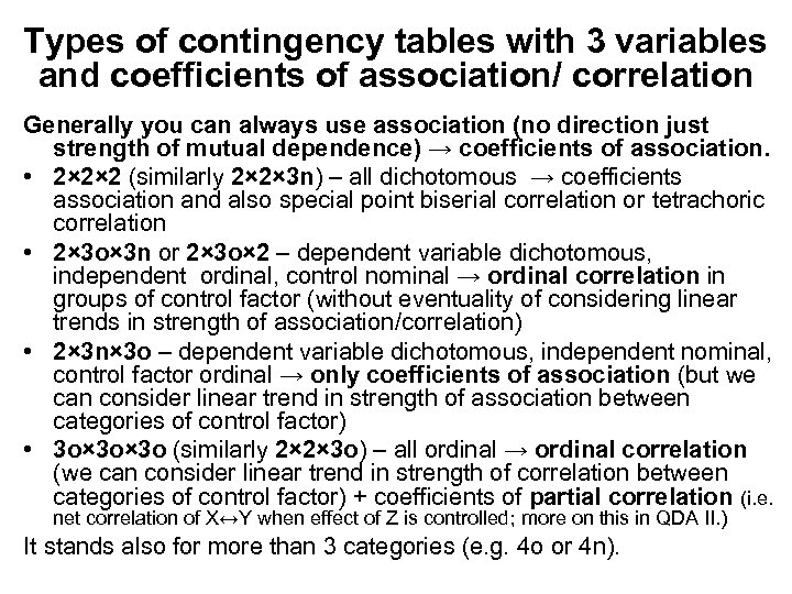 Types of contingency tables with 3 variables and coefficients of association/ correlation Generally you