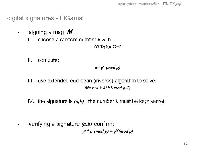 open systems interconnection – ITU-T X. 509 digital signatures - El. Gamal - signing