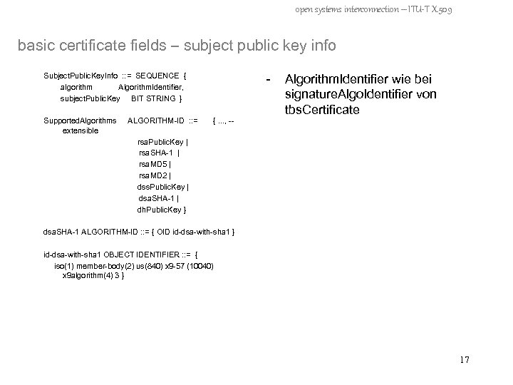 open systems interconnection – ITU-T X. 509 basic certificate fields – subject public key