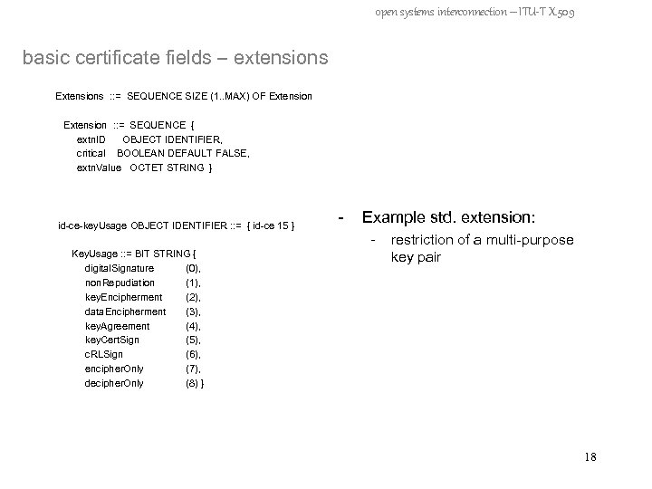 open systems interconnection – ITU-T X. 509 basic certificate fields – extensions Extensions :