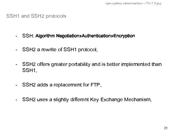 open systems interconnection – ITU-T X. 509 SSH 1 and SSH 2 protocols -