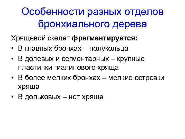 Особенности разных отделов бронхиального дерева Хрящевой скелет фрагментируется: • В главных бронхах – полукольца