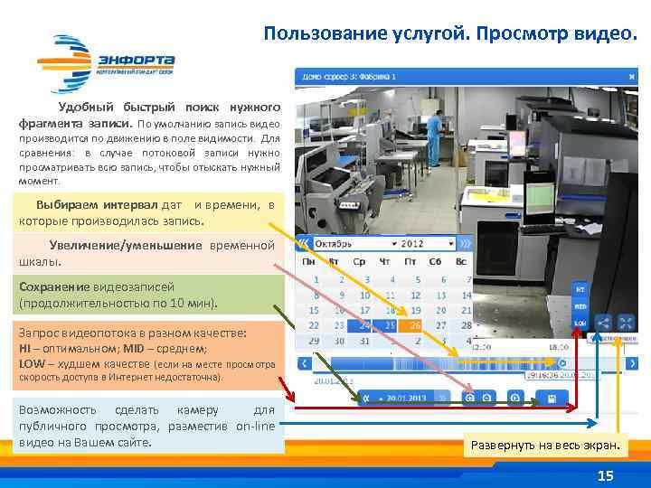 Пользование услугой. Просмотр видео. Удобный быстрый поиск нужного фрагмента записи. По умолчанию запись видео
