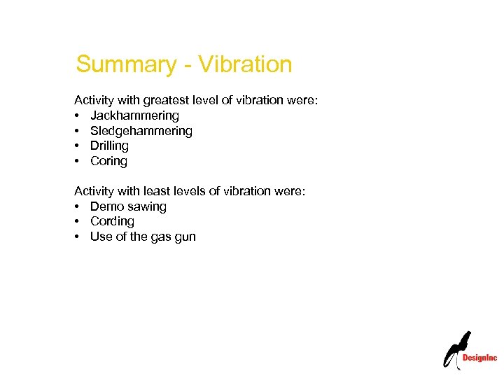 Summary - Vibration Activity with greatest level of vibration were: • Jackhammering • Sledgehammering