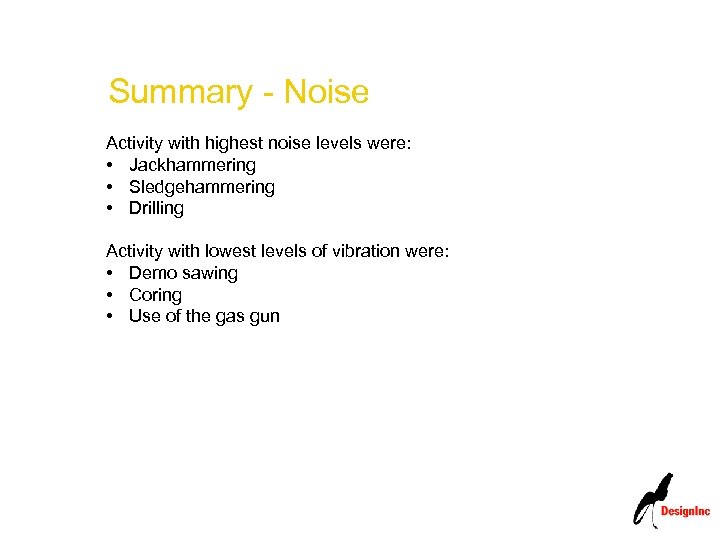 Summary - Noise Activity with highest noise levels were: • Jackhammering • Sledgehammering •