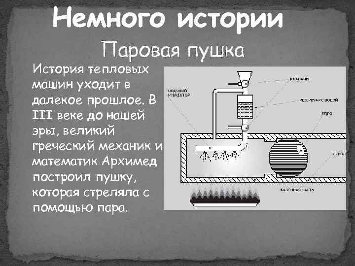 Немного истории Паровая пушка История тепловых машин уходит в далекое прошлое. В III веке
