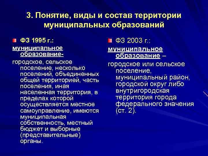 3. Понятие, виды и состав территории муниципальных образований ФЗ 1995 г. : муниципальное образование