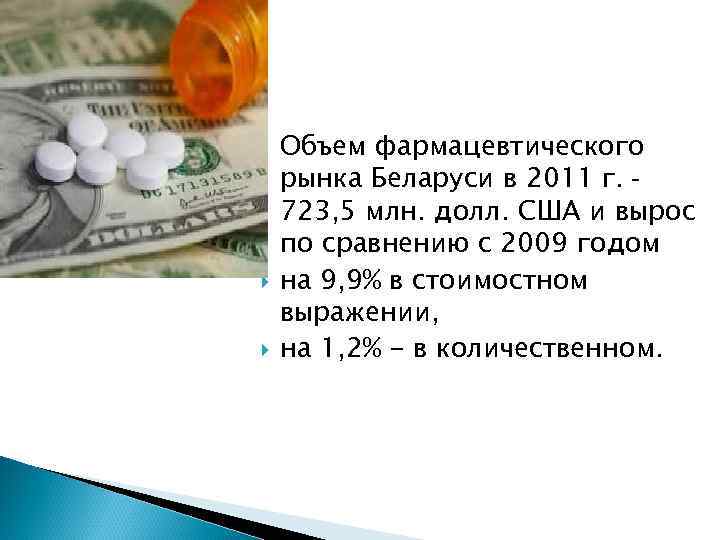  Объем фармацевтического рынка Беларуси в 2011 г. 723, 5 млн. долл. США и