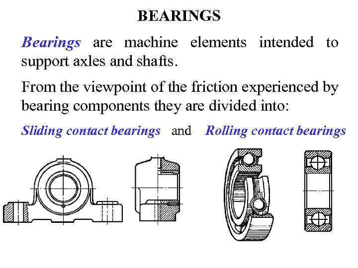 BEARINGS Bearings are machine elements intended to support axles and shafts. From the viewpoint