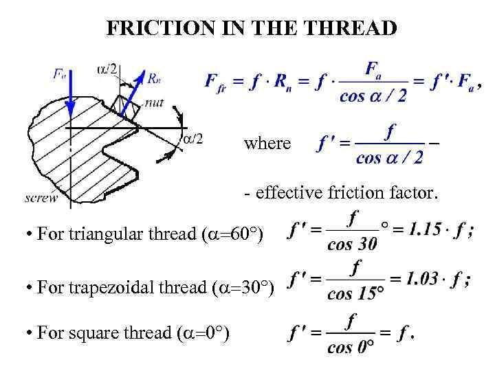 FRICTION IN THE THREAD where - effective friction factor. • For triangular thread (a=60
