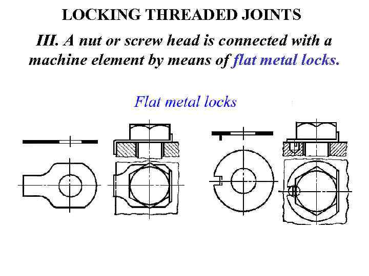 LOCKING THREADED JOINTS III. A nut or screw head is connected with a machine