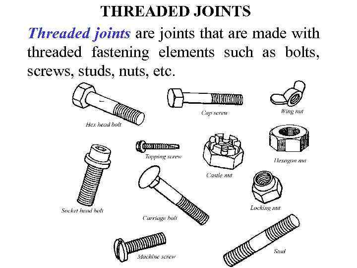 THREADED JOINTS Threaded joints are joints that are made with threaded fastening elements such