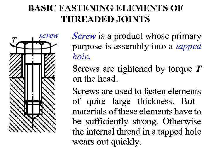 BASIC FASTENING ELEMENTS OF THREADED JOINTS Screw is a product whose primary purpose is