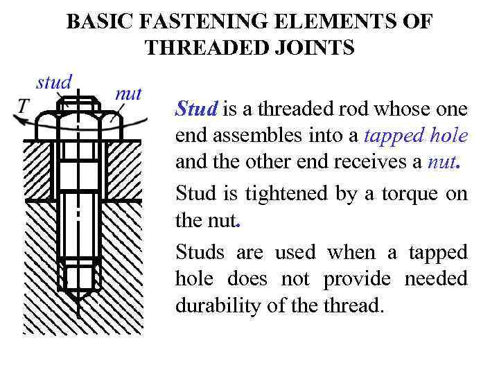 BASIC FASTENING ELEMENTS OF THREADED JOINTS Stud is a threaded rod whose one end