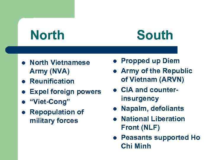 North l l l North Vietnamese Army (NVA) Reunification Expel foreign powers “Viet-Cong” Repopulation