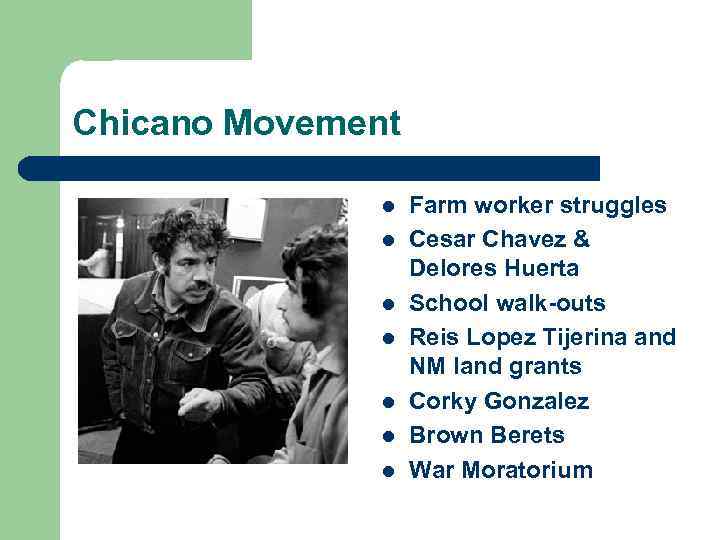 Chicano Movement l l l l Farm worker struggles Cesar Chavez & Delores Huerta