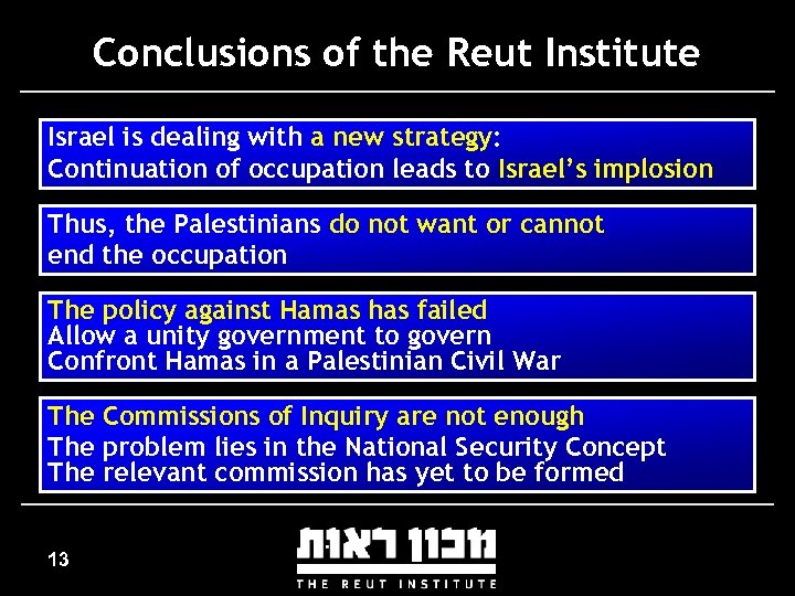 Conclusions of the Reut Institute Israel is dealing with a new strategy: Continuation of