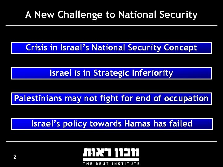 A New Challenge to National Security Crisis in Israel’s National Security Concept Israel is