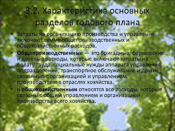 3. 2. Характеристика основных разделов годового плана • Затраты на организацию производства и управление