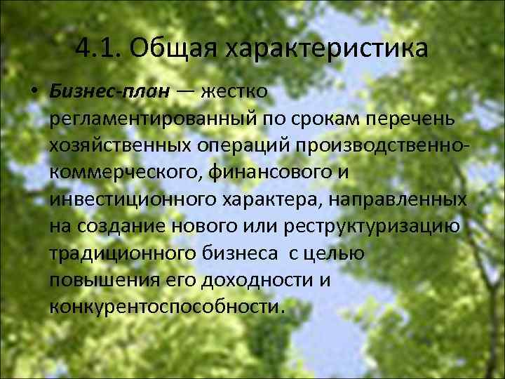 4. 1. Общая характеристика • Бизнес-план — жестко регламентированный по срокам перечень хозяйственных операций