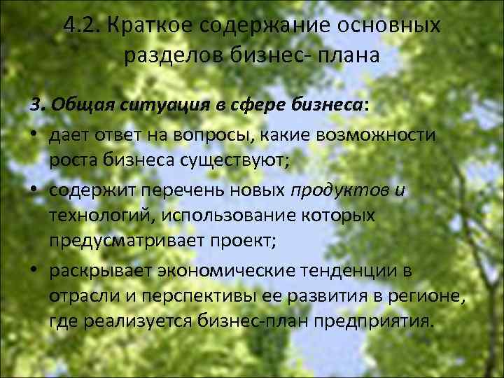 4. 2. Краткое содержание основных разделов бизнес плана 3. Общая ситуация в сфере бизнеса: