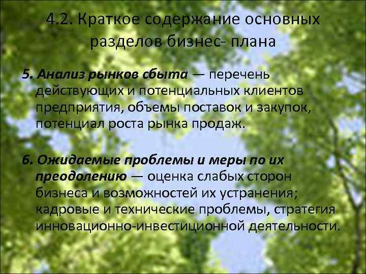 4. 2. Краткое содержание основных разделов бизнес плана 5. Анализ рынков сбыта — перечень