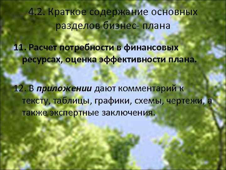 4. 2. Краткое содержание основных разделов бизнес плана 11. Расчет потребности в финансовых ресурсах,