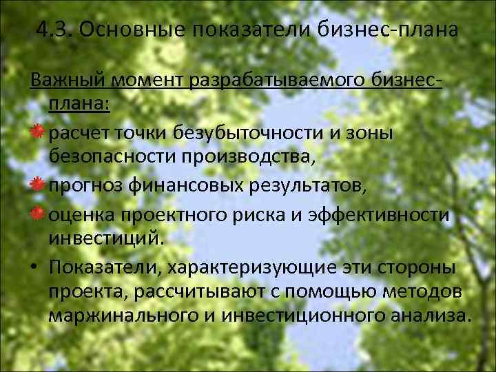 4. 3. Основные показатели бизнес плана Важный момент разрабатываемого бизнес плана: расчет точки безубыточности