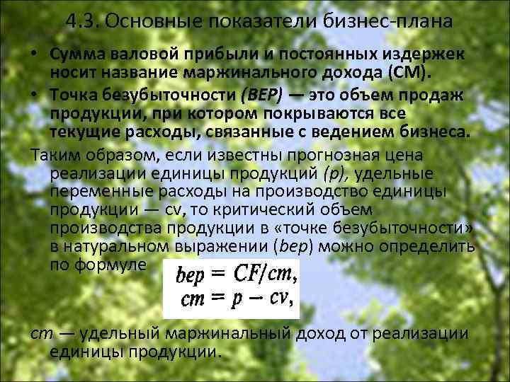 4. 3. Основные показатели бизнес плана • Сумма валовой прибыли и постоянных издержек носит