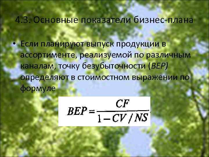 4. 3. Основные показатели бизнес плана • Если планируют выпуск продукции в ассортименте, реализуемой